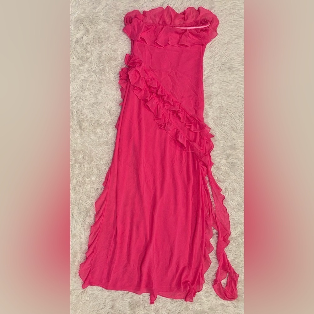 NWOT HOUSE OF CB Sarina Fuchsia Hot Pink Ruffle Strapless Maxi Dress sz L - Picture 6 of 9